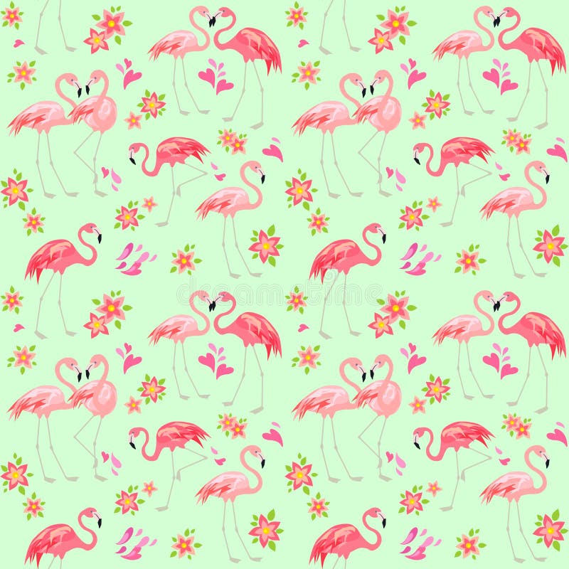 Sömlöst skrivbordsunderlägg med vackra rosa flamingo-fåglar och hjärtan frangipani-blommor för modetryckning av omslagspapper och stock illustrationer