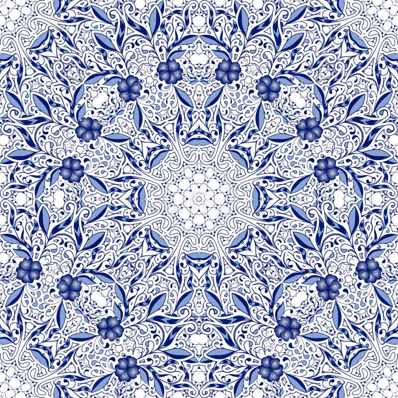 Sömlöst snöra åt bakgrund med blommor och sidor i blåa signaler av de runda prydnaderna stock illustrationer Sömlöst snöra åt bakgrund med blommor och sidor i blåa signaler av de runda prydnaderna stock illustrationer