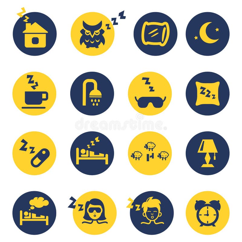 Sleep and insomnia icons in yellow and dark blue circles. Vector illustration. Sleep and insomnia icons in yellow and dark blue circles. Vector illustration