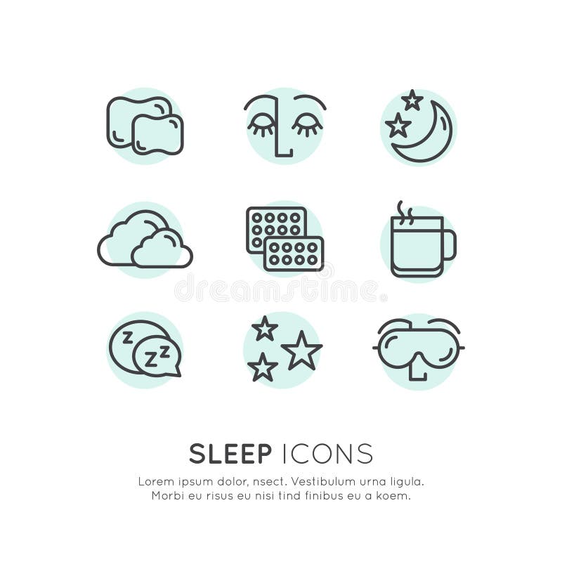 Isolated Vector Style Illustration Logo Set Badge with Sleep problems and insomnia icons, treatment and pills, sleeping person with mask, hot drink, sllepy face. Isolated Vector Style Illustration Logo Set Badge with Sleep problems and insomnia icons, treatment and pills, sleeping person with mask, hot drink, sllepy face