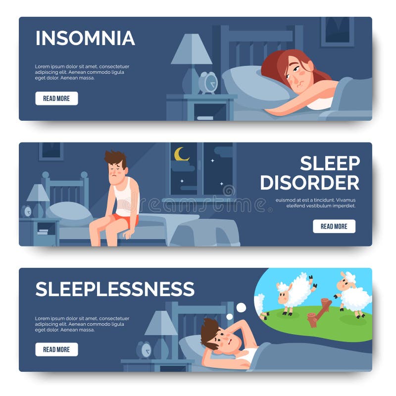 Insomnia, sleep disorder isolated banner set. Insomnia in bed, disorder and sleeplessness. Vector illustration. Insomnia, sleep disorder isolated banner set. Insomnia in bed, disorder and sleeplessness. Vector illustration