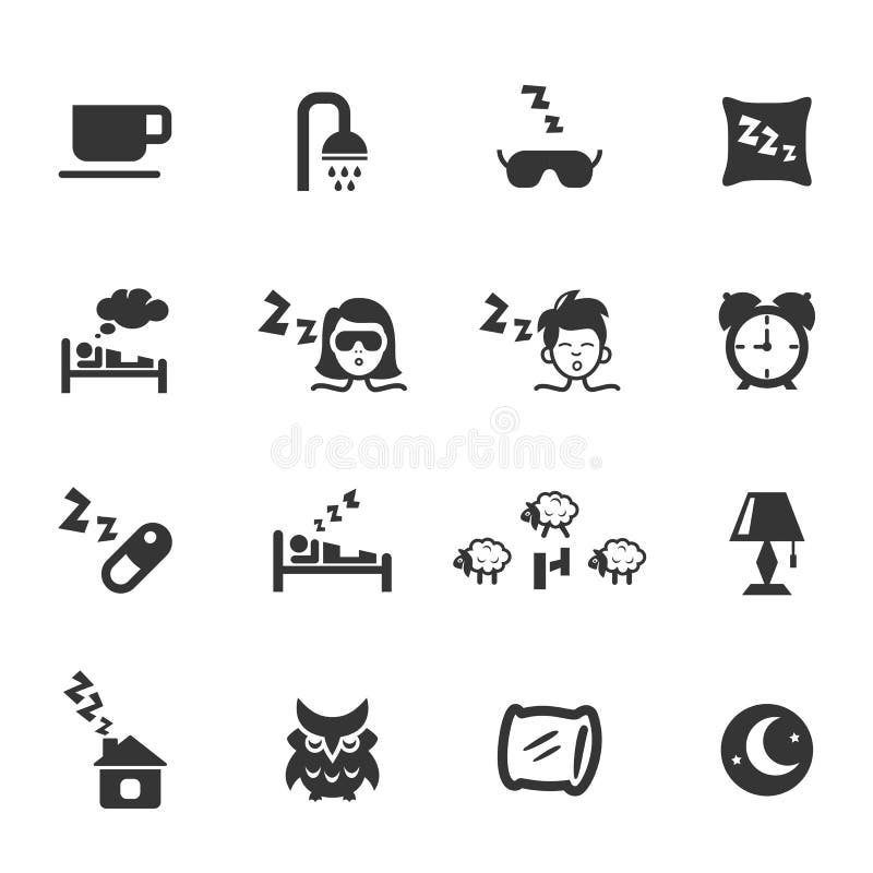 Set of sleep icons on white. Shower and cup, pillow, lamp, dream and owl, night light and snoring. Vector illustration. Set of sleep icons on white. Shower and cup, pillow, lamp, dream and owl, night light and snoring. Vector illustration