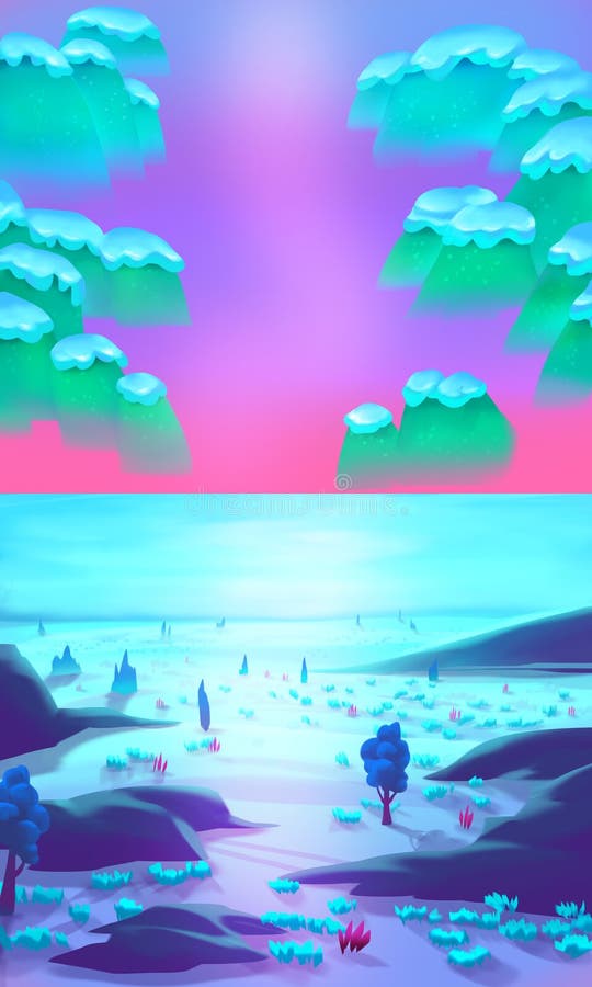 Söt drömbakgrund för mobilt spel med moln berget i fantasi världsmiljö snö stock illustrationer
