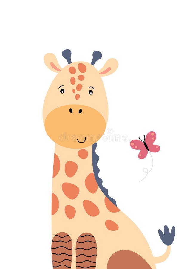 Söt giraffe och flygfjäril. royaltyfri illustrationer