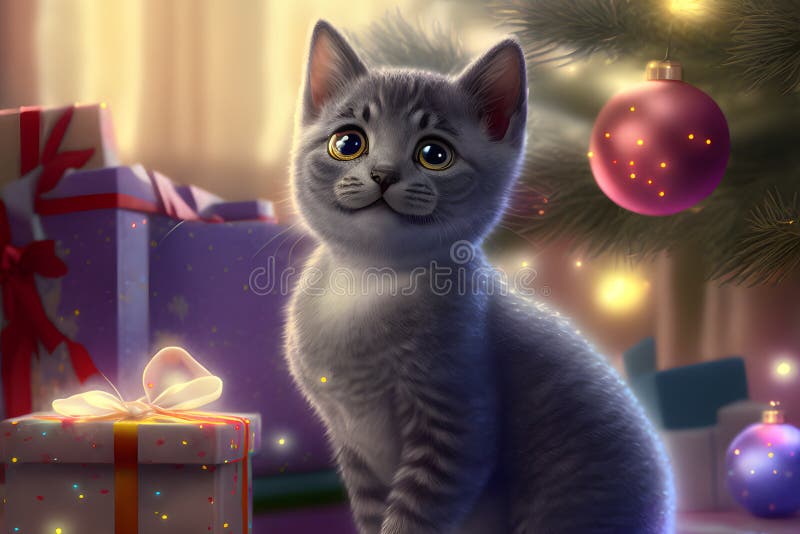 cute gray kitten with gift in front of decorated christmas tree, neural network generated art. Digitally generated image. Not based on any actual scene or pattern. cute gray kitten with gift in front of decorated christmas tree, neural network generated art. Digitally generated image. Not based on any actual scene or pattern.