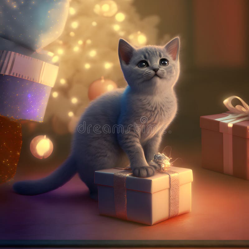 cute gray kitten with gift in front of decorated christmas tree, neural network generated art. Digitally generated image. Not based on any actual scene or pattern. cute gray kitten with gift in front of decorated christmas tree, neural network generated art. Digitally generated image. Not based on any actual scene or pattern.