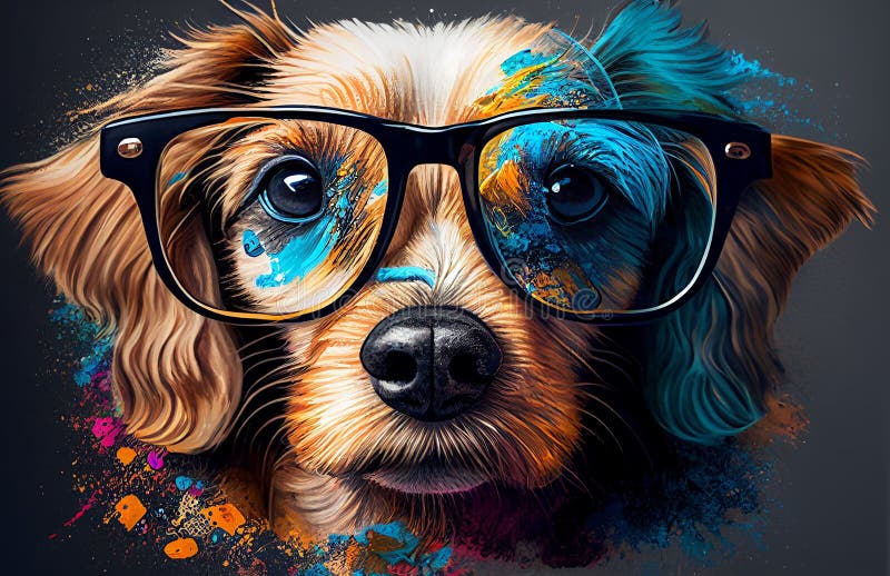 Söt hund med glasfärgning med färgblock och fläckar generativ ai stock illustrationer