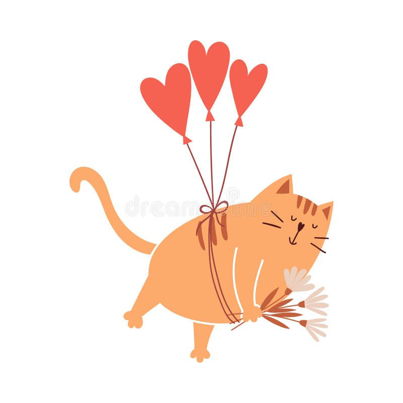 Söt katt flyger på ballonger i form av ett hjärta och har en bukett blommor i sina tassar. ett enkelt adjektiskt tecken vektor illustrationer