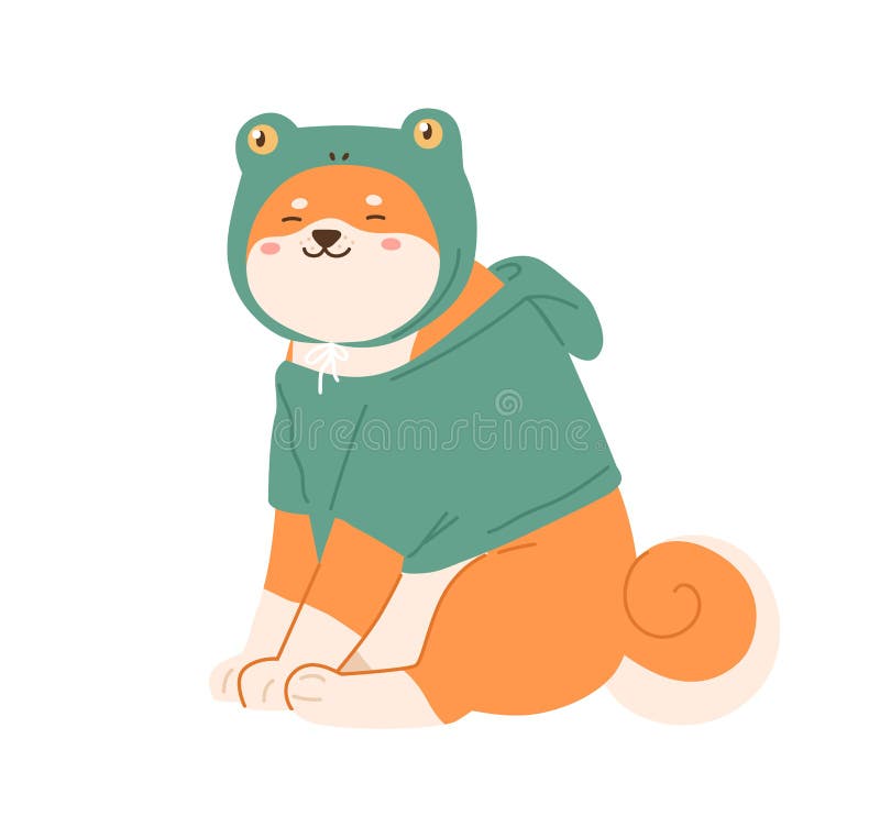 Cute kawaii dog of Shiba Inu breed wearing canine clothes. Happy smiling puppy sitting in hoodie and hat. Colored flat vector illustration of adorable funny Akita doggy isolated on white background. Cute kawaii dog of Shiba Inu breed wearing canine clothes. Happy smiling puppy sitting in hoodie and hat. Colored flat vector illustration of adorable funny Akita doggy isolated on white background.