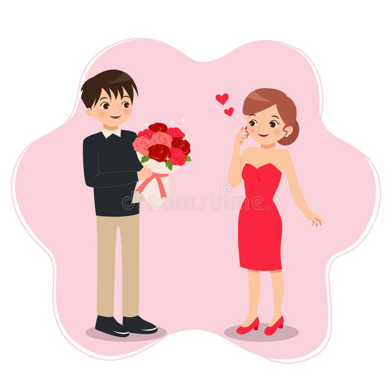 Söt kille ger en bukett rosor till en kvinna. romantisk scen. lycklig valentinernas dag-firande. stock illustrationer