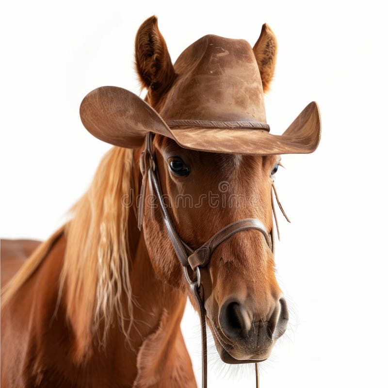 Cute little dark bay horse wearing cowboy hat isolated on white. AI generated. Cute little dark bay horse wearing cowboy hat isolated on white. AI generated