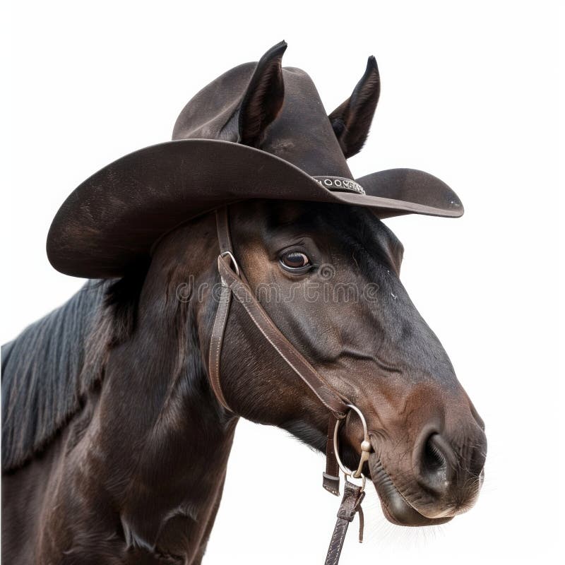 Cute little dark bay horse wearing cowboy hat isolated on white. AI generated. Cute little dark bay horse wearing cowboy hat isolated on white. AI generated