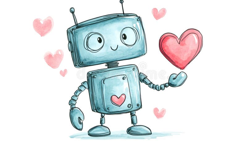 Söt robot med handritad skiss på papper för valentinernas dag arkivfoton