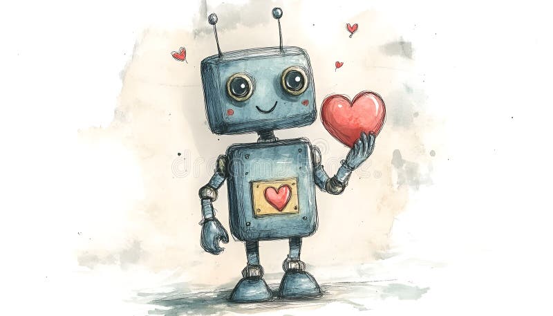 Söt robot med handritad skiss på papper för valentinernas dag arkivbild