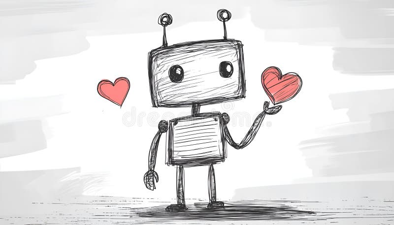 Söt robot med handritad skiss på papper för valentinernas dag arkivfoto
