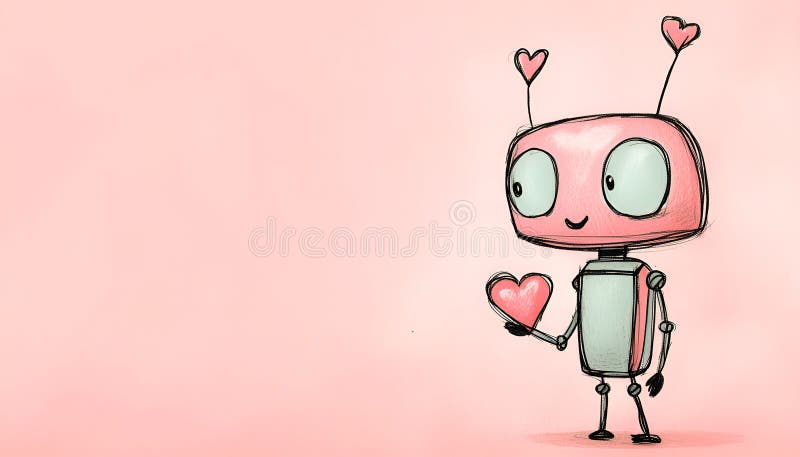 Söt robot med handritad skiss på papper för valentinernas dag arkivbilder