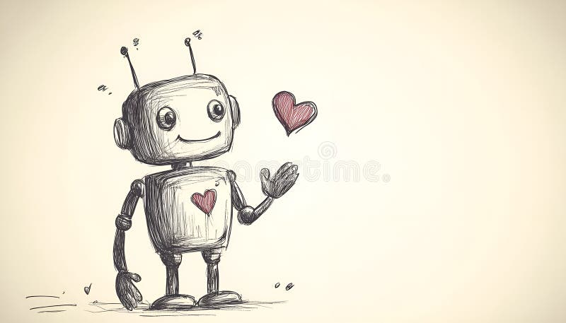 Söt robot med handritad skiss på papper för valentinernas dag arkivfoton