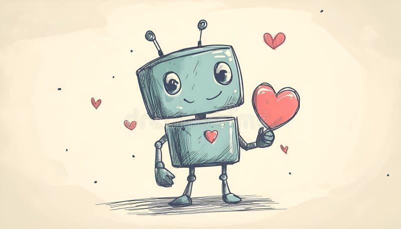 Söt robot med handritad skiss på papper för valentinernas dag fotografering för bildbyråer