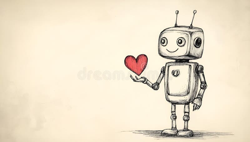 Söt robot med handritad skiss på papper för valentinernas dag royaltyfria foton