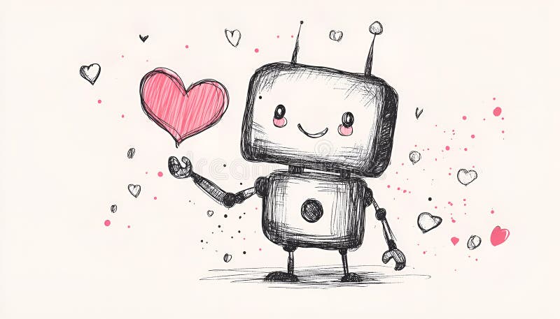 Söt robot med handritad skiss på papper för valentinernas dag arkivbilder
