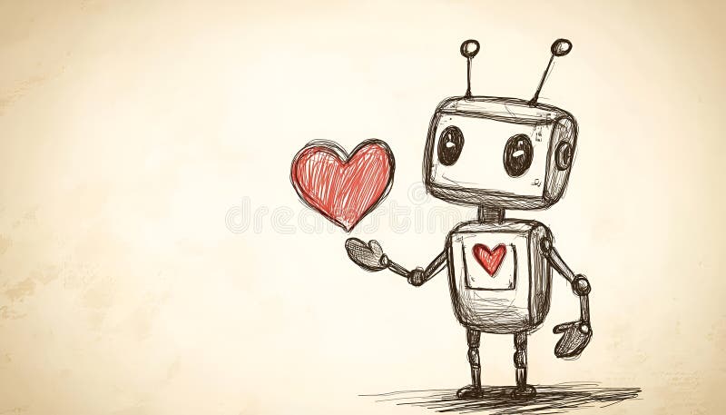 Söt robot med handritad skiss på papper för valentinernas dag arkivfoton