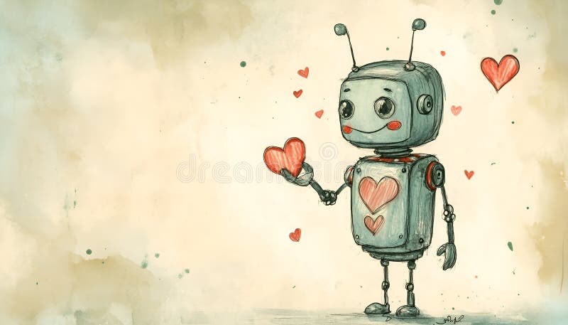 Söt robot med handritad skiss på papper för valentinernas dag arkivbilder