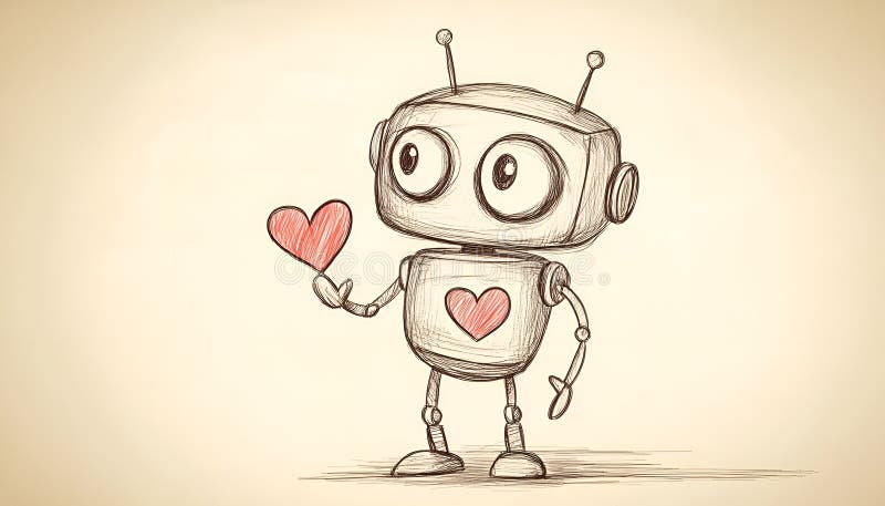 Söt robot med handritad skiss på papper för valentinernas dag royaltyfria bilder