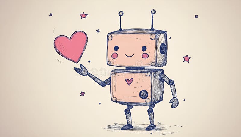 Söt robot med handritad skiss på papper för valentinernas dag arkivbilder