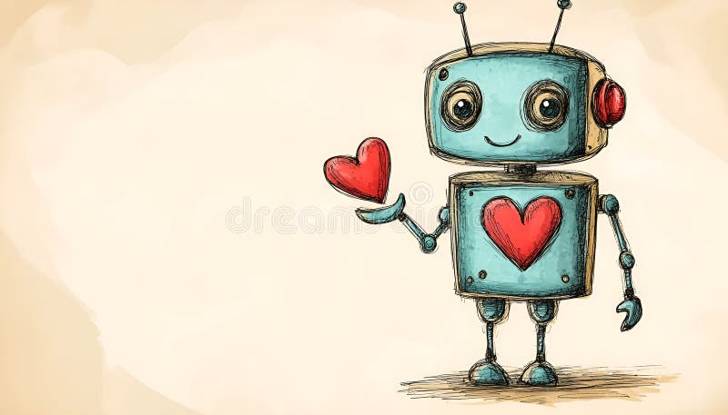 Söt robot med handritad skiss på papper för valentinernas dag arkivbild