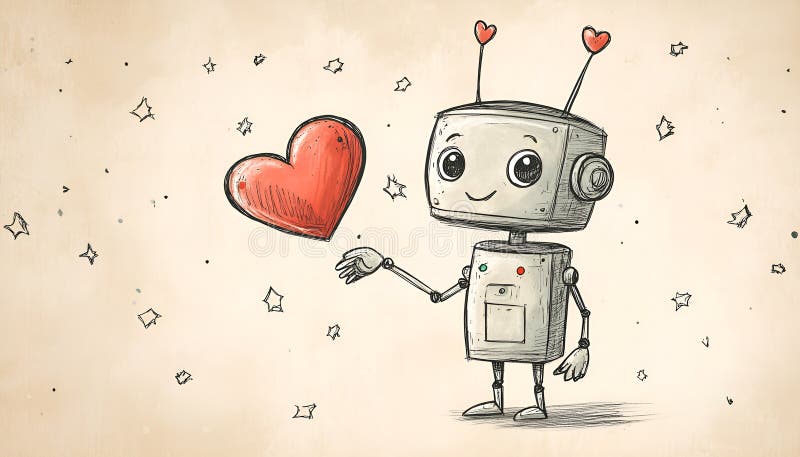 Söt robot med handritad skiss på papper för valentinernas dag arkivbilder