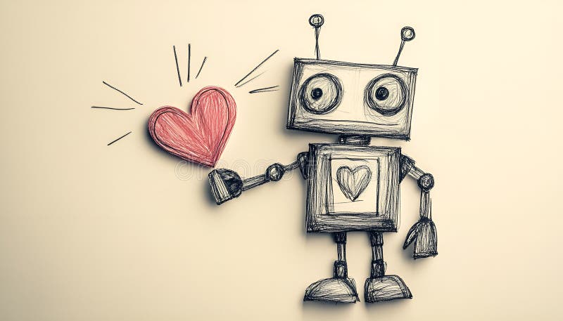 Söt robot med handritad skiss på papper för valentinernas dag arkivfoto