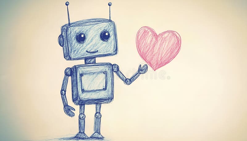 Söt robot med handritad skiss på papper för valentinernas dag royaltyfria foton