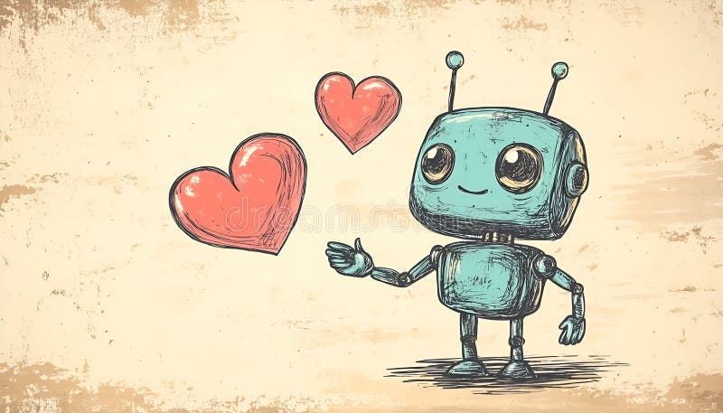 Söt robot med handritad skiss på papper för valentinernas dag fotografering för bildbyråer