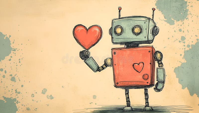 Söt robot med handritad skiss på papper för valentinernas dag royaltyfri bild