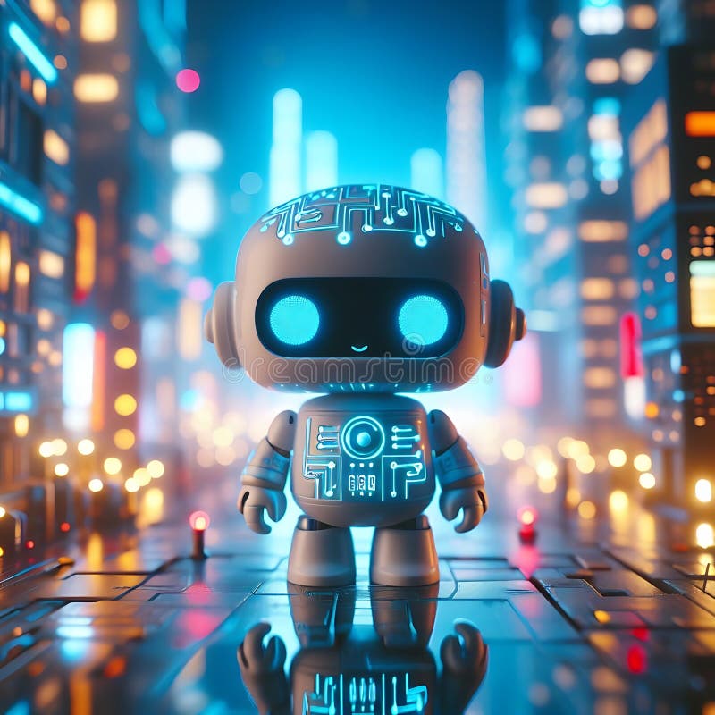 Söt robot. vita, blå ögon glöd med nyans. robotfiguren reflekteras från spegelgolvet. stark arkivfoton