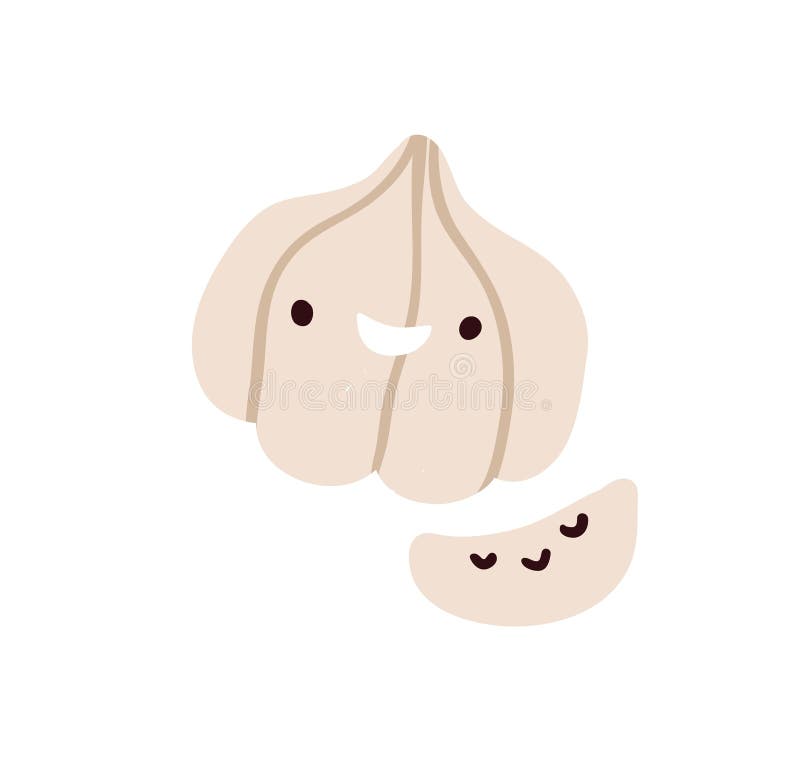 Söt, roligt vitlökshuvud och klov. glad, vegetabilisk karaktär, leende uttryck för känslor. kawaii matkrydda royaltyfri illustrationer