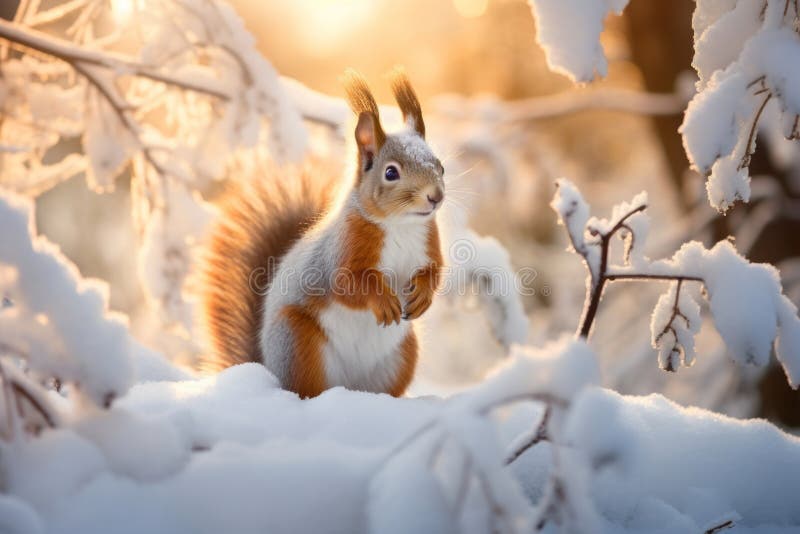 Söt röd ekorre i fallande snö. skogsdjur på vintern royaltyfri illustrationer