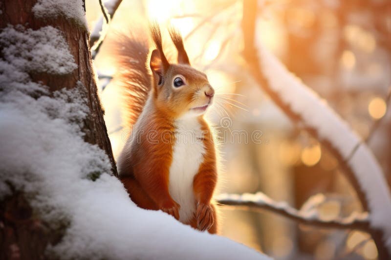 Söt röd ekorre i fallande snö. skogsdjur på vintern stock illustrationer