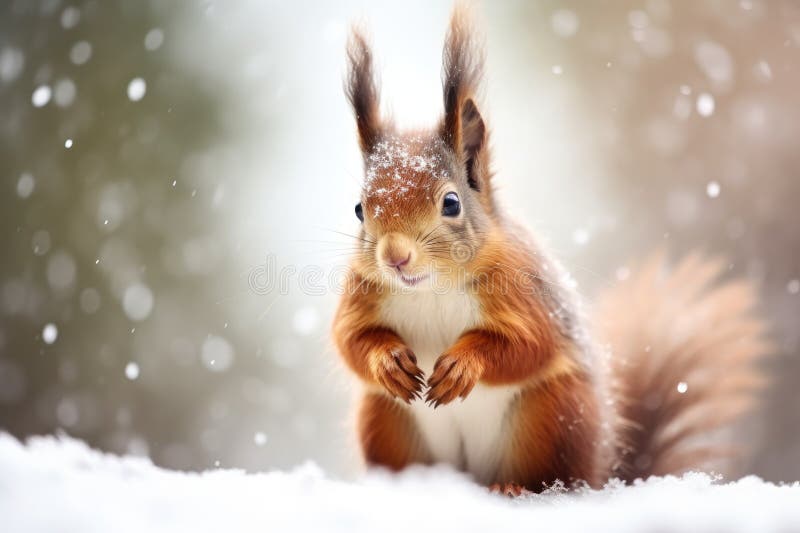 Söt röd ekorre i fallande snödjur på vintern stock illustrationer