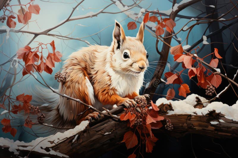 Söt röd ekorre i fallande snödjur på vintern vektor illustrationer