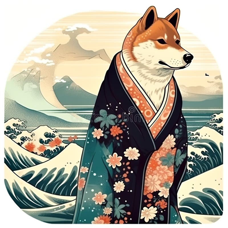 Söt shiba inu-hund i kimono med vågor ai generativ illustration vektor illustrationer