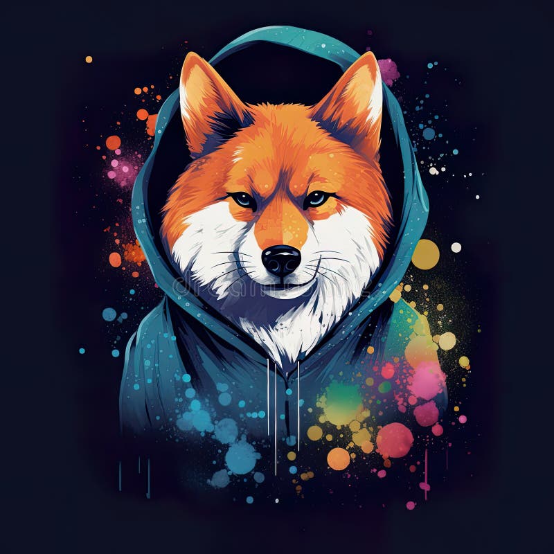 Söt shiba inu-hund i rymdshoodie på svart ai generativ illustration stock illustrationer