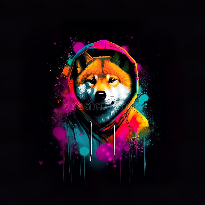 Söt shiba inu-hund i rymdshoodie på svart ai generativ illustration stock illustrationer