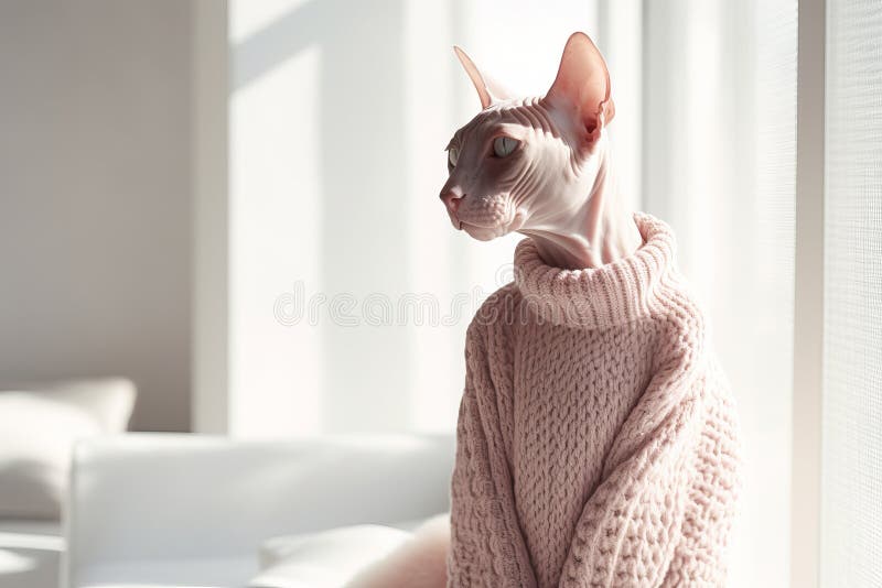 Söt snutkatt med hjälp av en trevlig varm svettare hemma. berett sällskapsdjur i kall miljö. skötsel av djur under vintern stock illustrationer