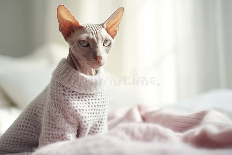 Söt snutkatt med hjälp av en trevlig varm svettare hemma. berett sällskapsdjur i kall miljö. skötsel av djur under vintern stock illustrationer