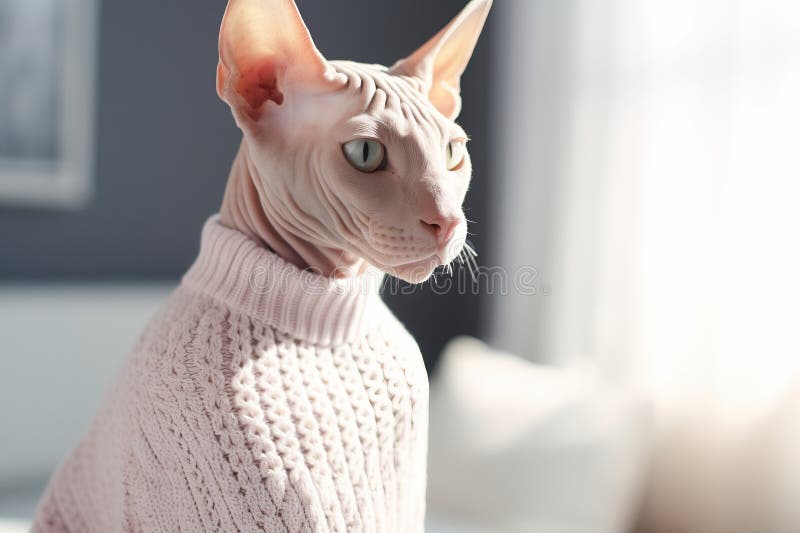 Söt snutkatt med hjälp av en trevlig varm svettare hemma. berett sällskapsdjur i kall miljö. skötsel av djur under vintern royaltyfri illustrationer