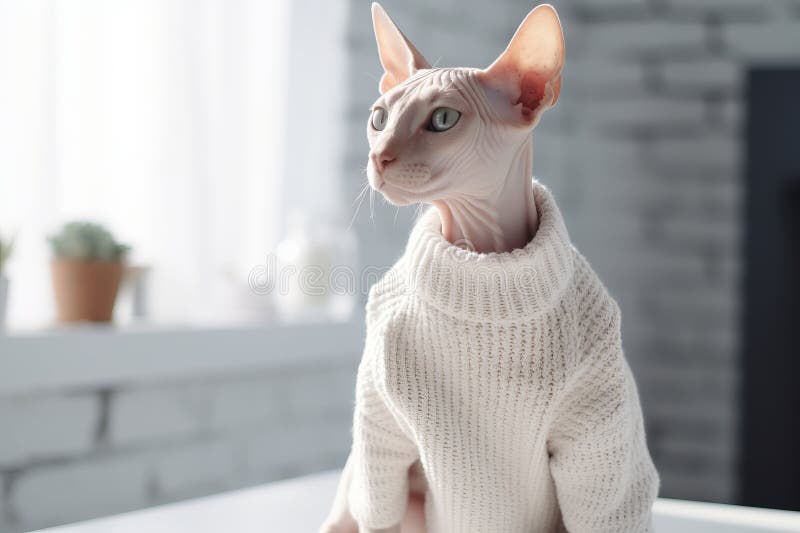 Söt snutkatt med hjälp av en trevlig varm svettare hemma. berett sällskapsdjur i kall miljö. skötsel av djur under vintern royaltyfri illustrationer