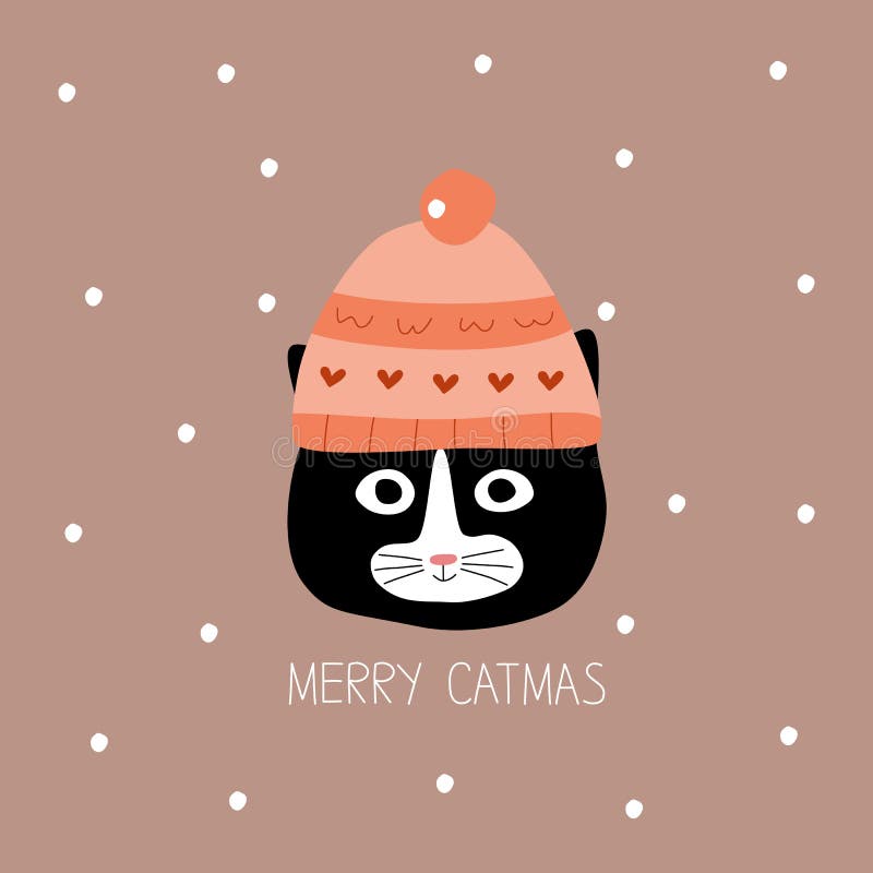 Söt svart katthuvud och snöflingor, handritad vektorbild. Mjuka djur vintertecken - merry catmas-kort. royaltyfri illustrationer