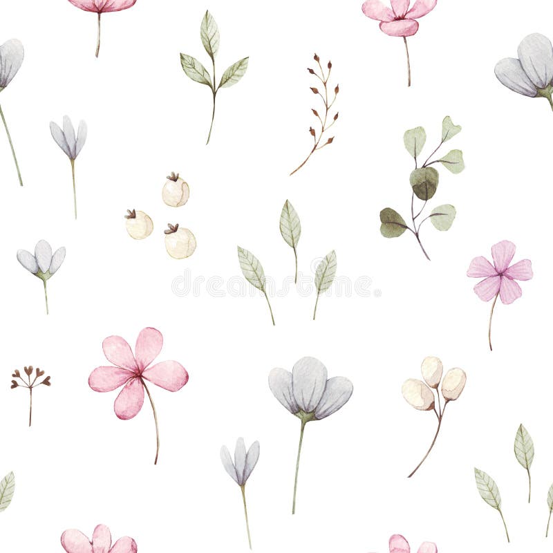 Söt vattenfärgsblommoralt, sömlöst blomstermönster med rosa och blå små blommor och gröna blad på vit bakgrund. han stock illustrationer