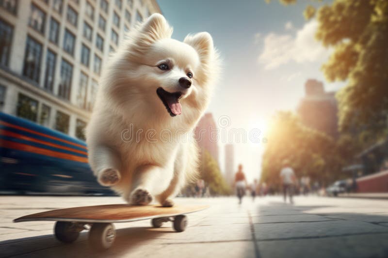 Söt, vit fluffy pomeranian dog skateboard i sommarstaden. AI-generativ illustration. vektor illustrationer